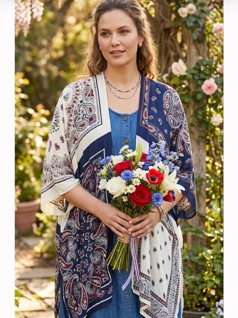 Boho Paisley Open Front Kimono - Blue  & White with Red Accents one size